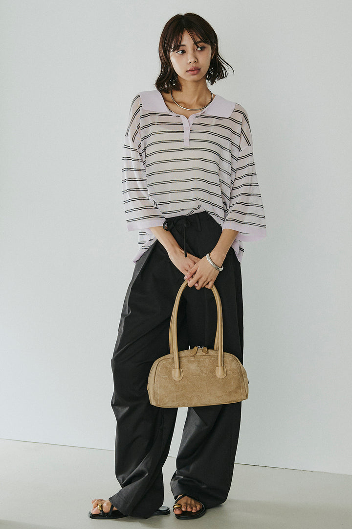 [SET]ボーダーニットポロシャツ+ニーサイドタックウエストドロスパンツ(2set)