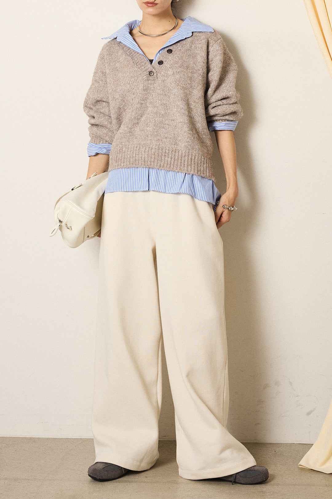 [SET]ストライプシャツドッキングニットポロトップス+裏起毛スウェットワイドパンツ(2set)