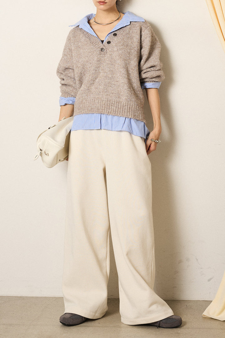 [SET]ストライプシャツドッキングニットポロトップス+裏起毛スウェットワイドパンツ(2set)