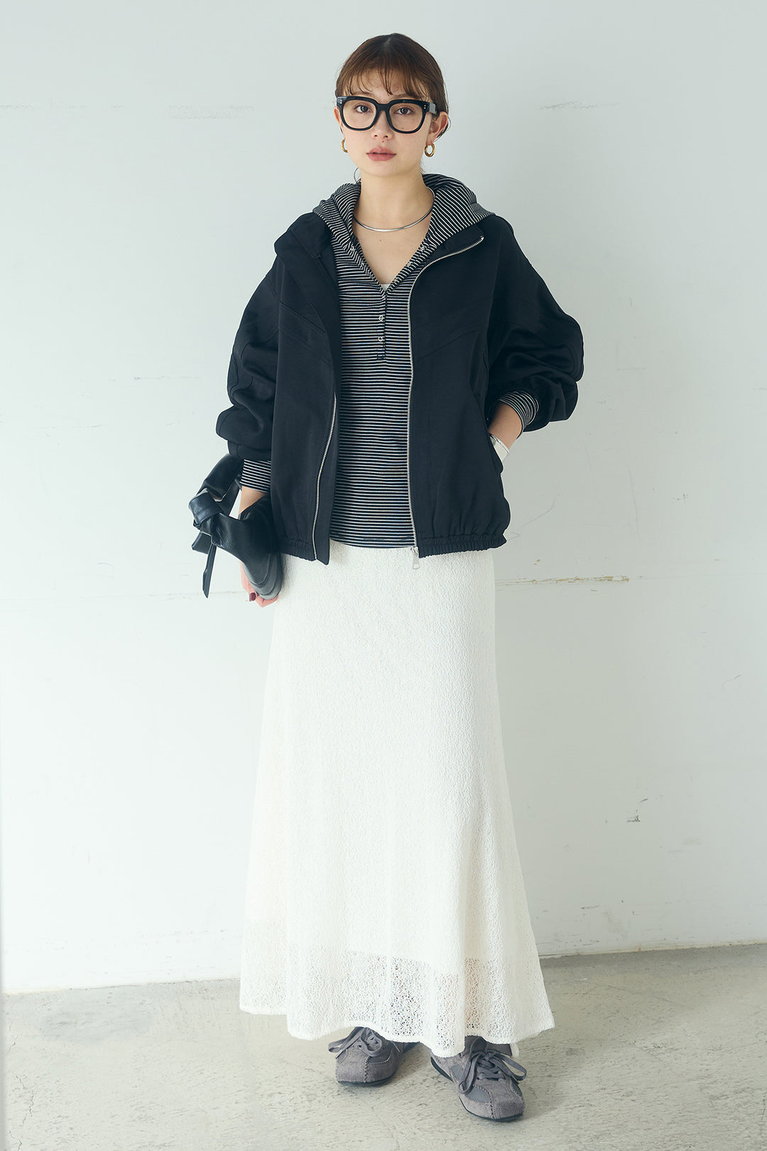 [SET]マルチ切り替えドルマンブルゾン+メッシュ刺繍ロングスカート+ボーダーフーディーロンT(3set)