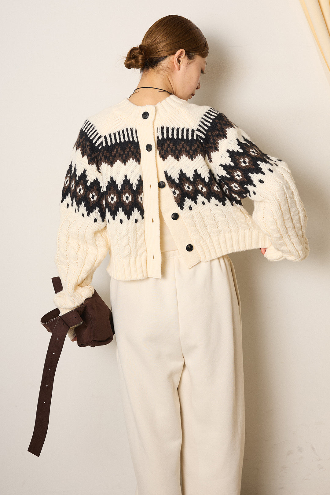 [SET]2WAY求心柄ジャガードショートカーディガン+裏起毛スウェットワイドパンツ(2set)