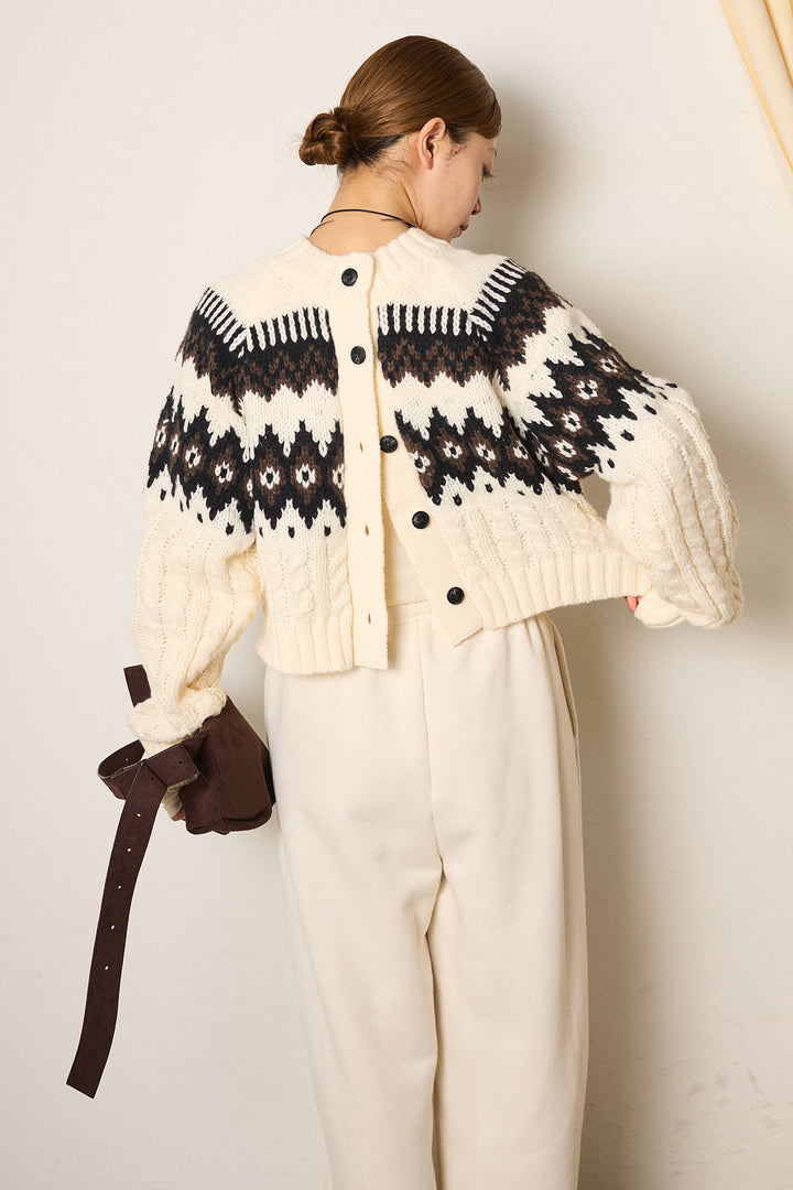 [SET]2WAY求心柄ジャガードショートカーディガン+裏起毛スウェットワイドパンツ(2set)