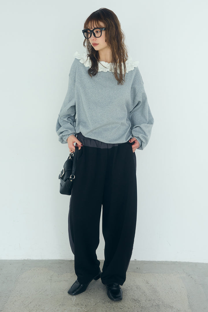 [SET]ネックギャザーフリルスウェット+異素材切り替えスウェットパンツ(2set)