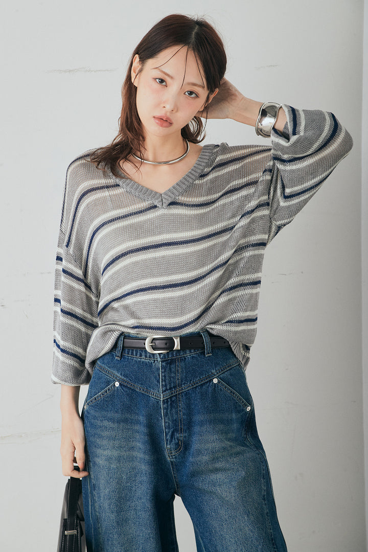 [SET]綿タッチVネックボーダートップス+デニムヨークパンツ(2set)