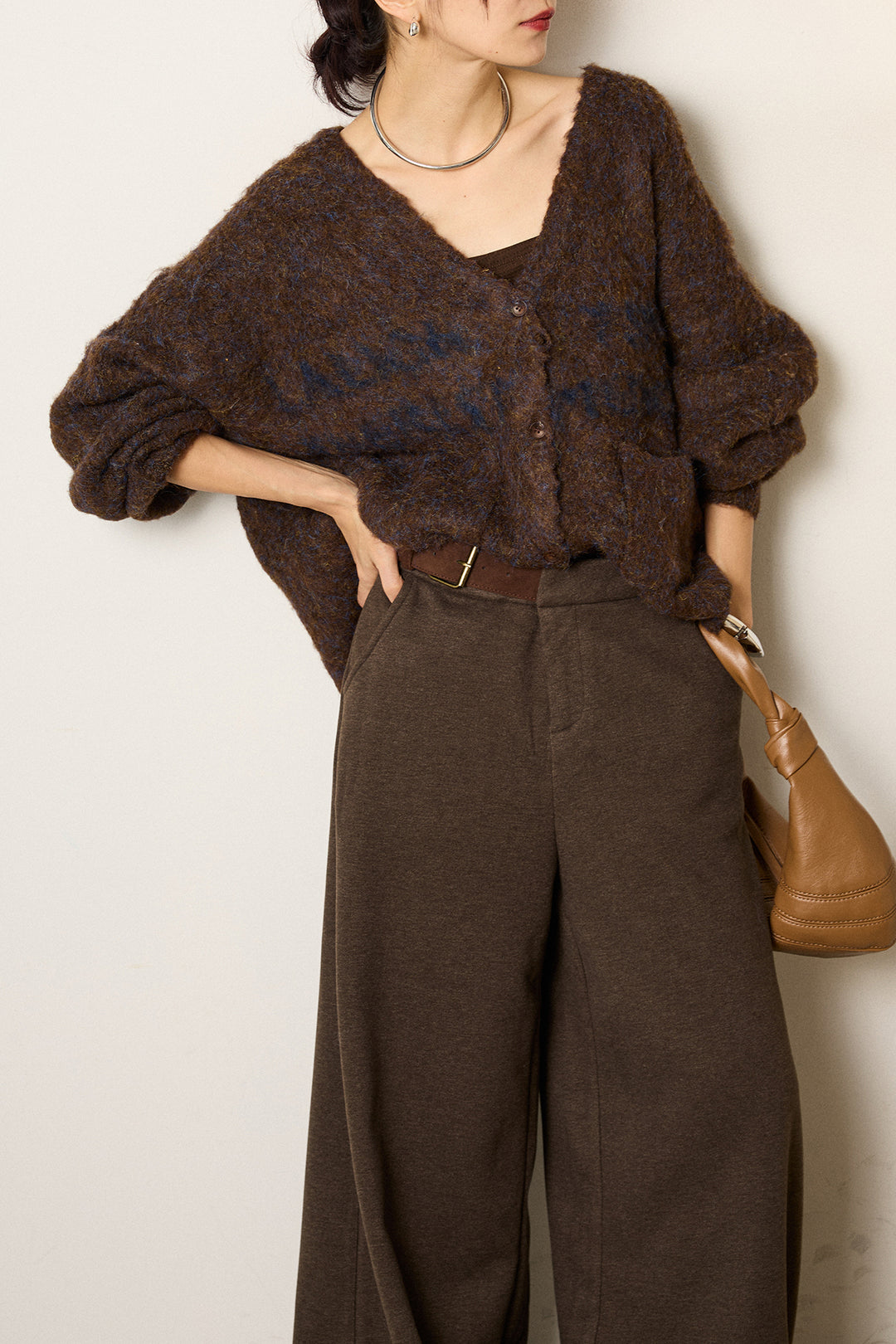 [SET]ウール混透かしロゴニットカーディガン+サイドベルトパンツ(2set)