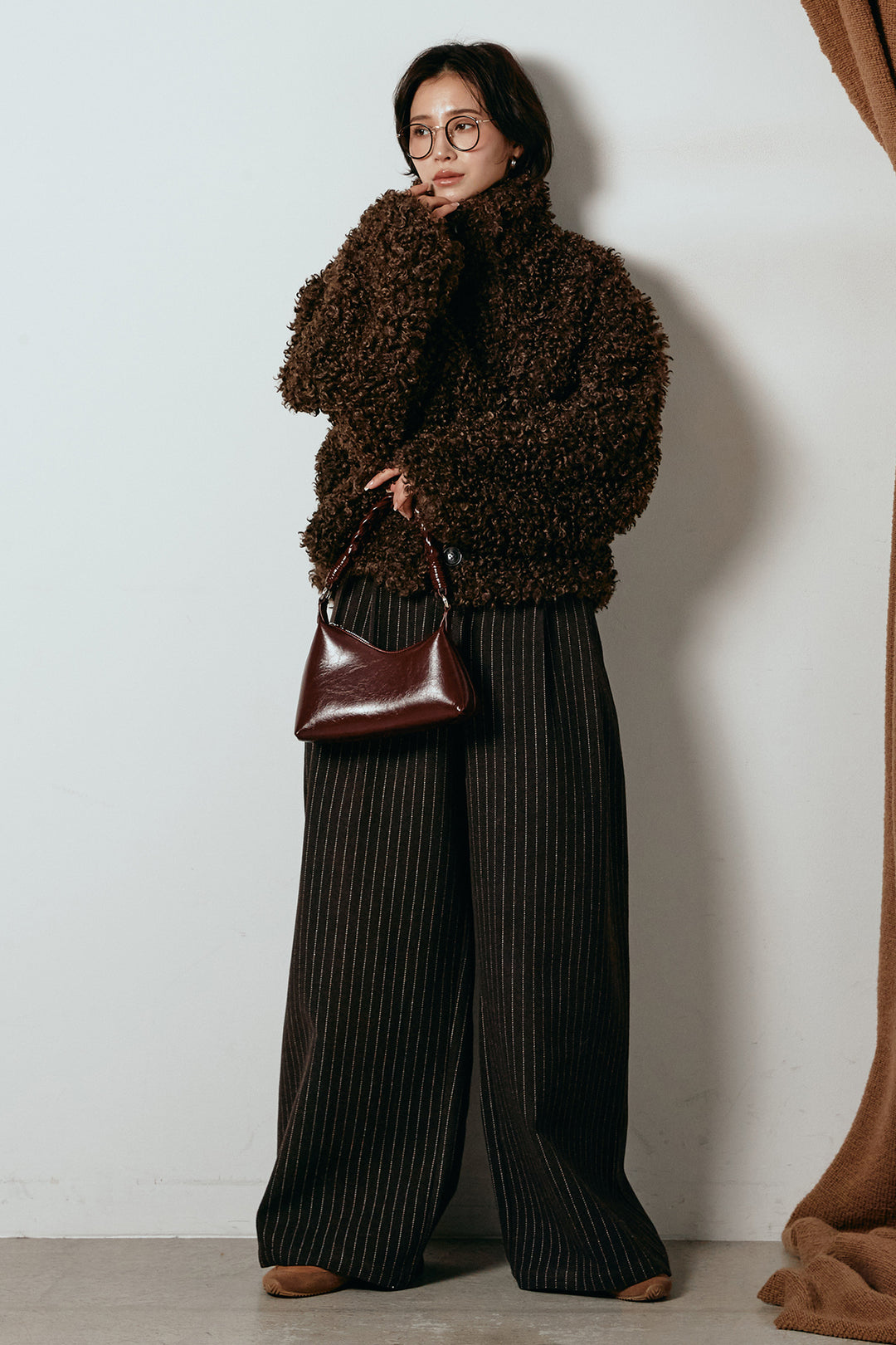 [SET]プードルファーミドルジャケット+ウールライクストライプパンツ(2set)