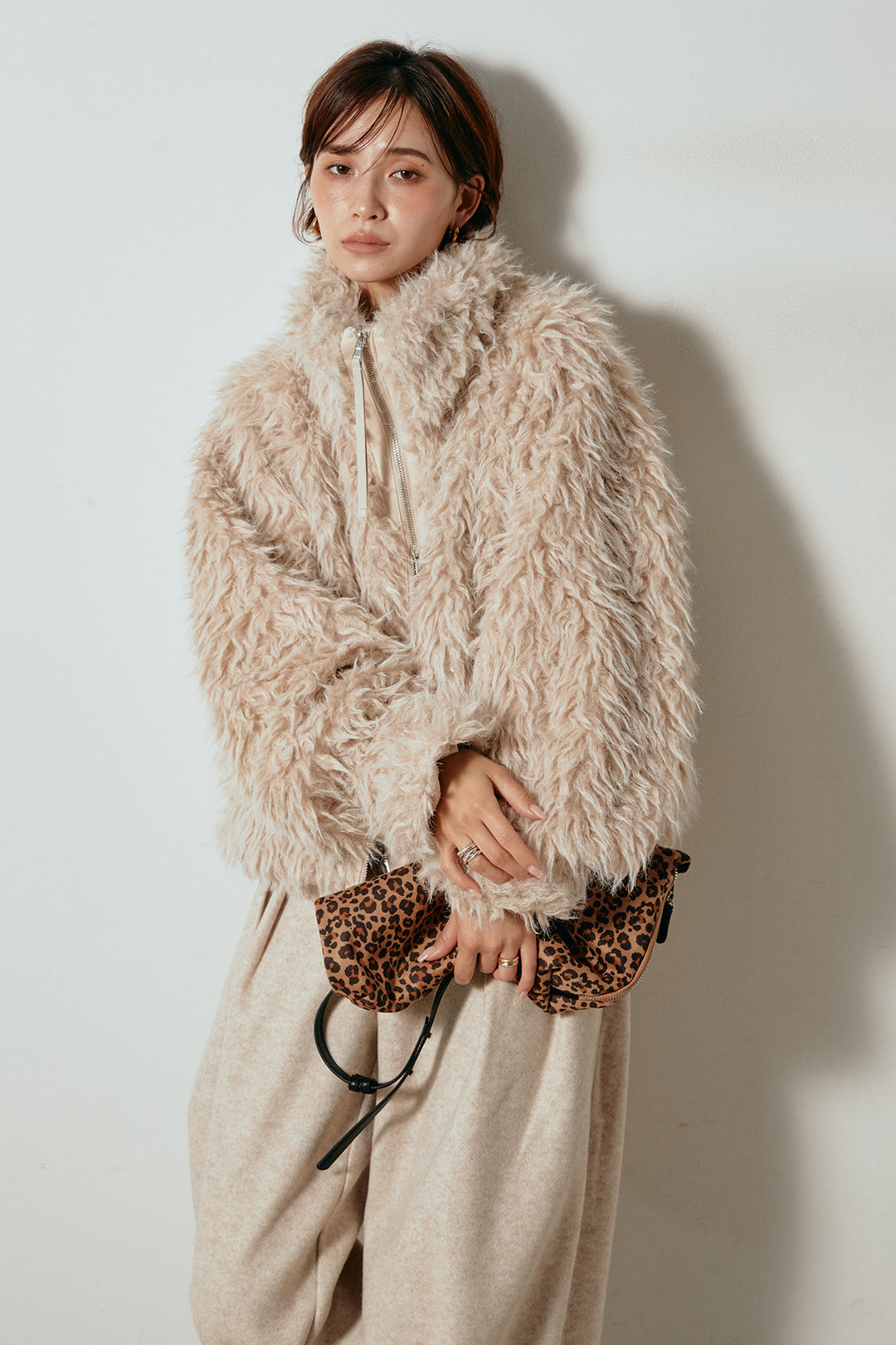 [SET]ミックスシープファースタンドブルゾン+フェイクウールタックトラウザーズパンツ(2set)