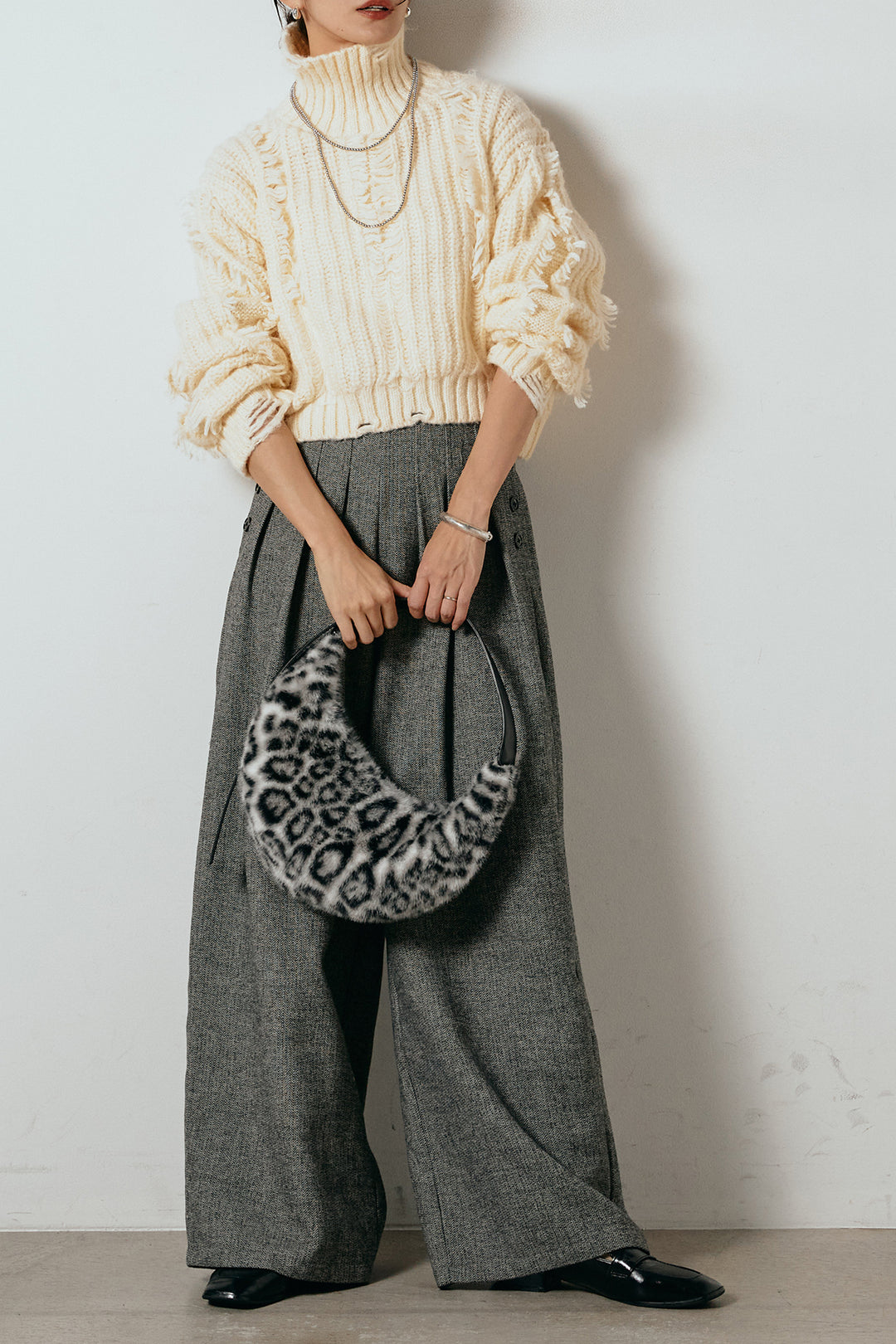 [SET]フリンジタートルショートニット+サイドボタンツイードタックパンツ(2set)