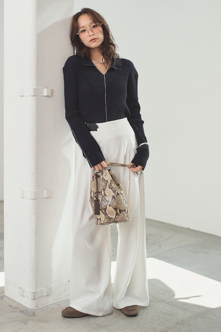 [SET]衿付きニットプルオーバー+サイドベルトタック入りスラックス(2set)