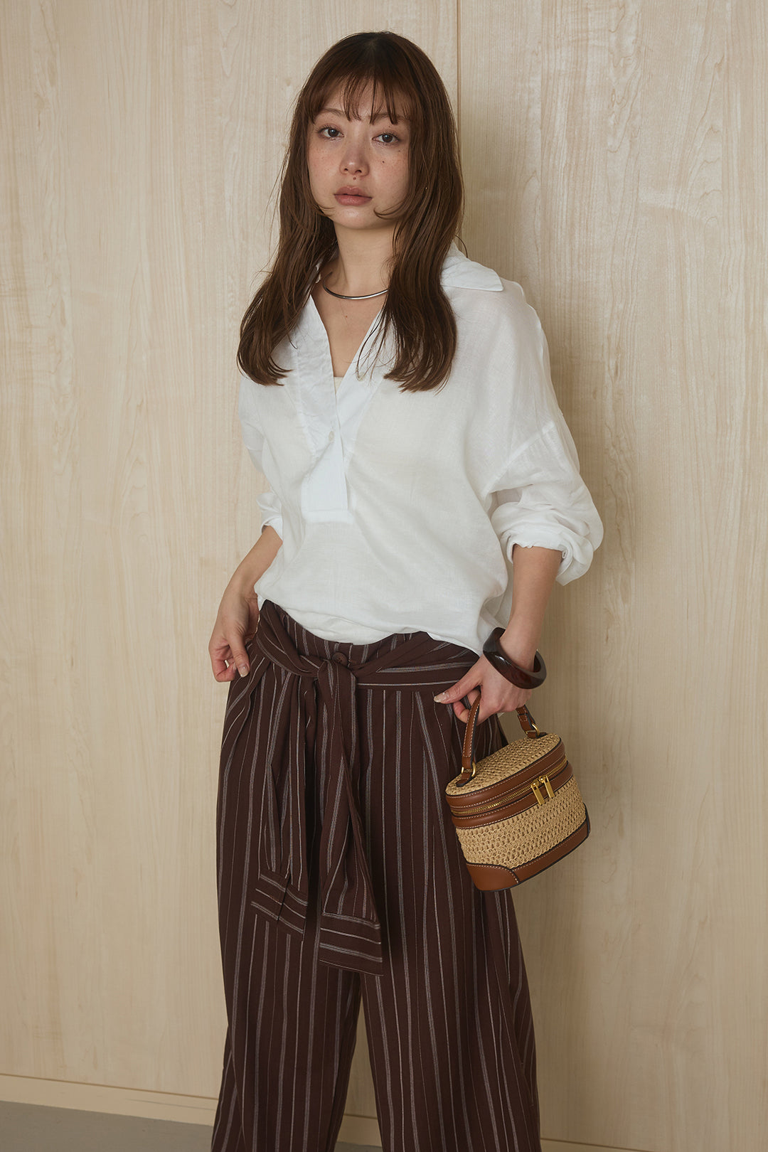 [SET]襟付きボタンブラウス+ウエスト巻きピンストライプパンツ(2set)