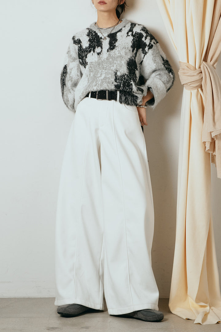 [SET]起毛ニュアンス柄ニットプルオーバー+ファーベルト付きワイドパンツ(2set)