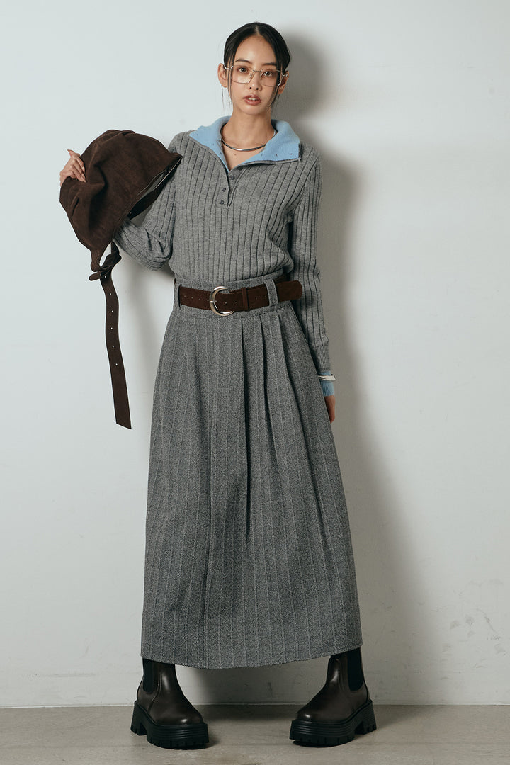 [SET]レイヤード風リブニットトップス+太ベルト付きヘリンボーンプリーツスカート(2set)