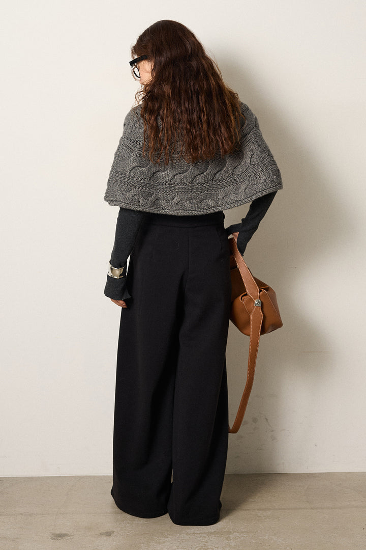 [SET]ケーブル編みケープレイヤードニット+サイドベルトパンツ(2set)