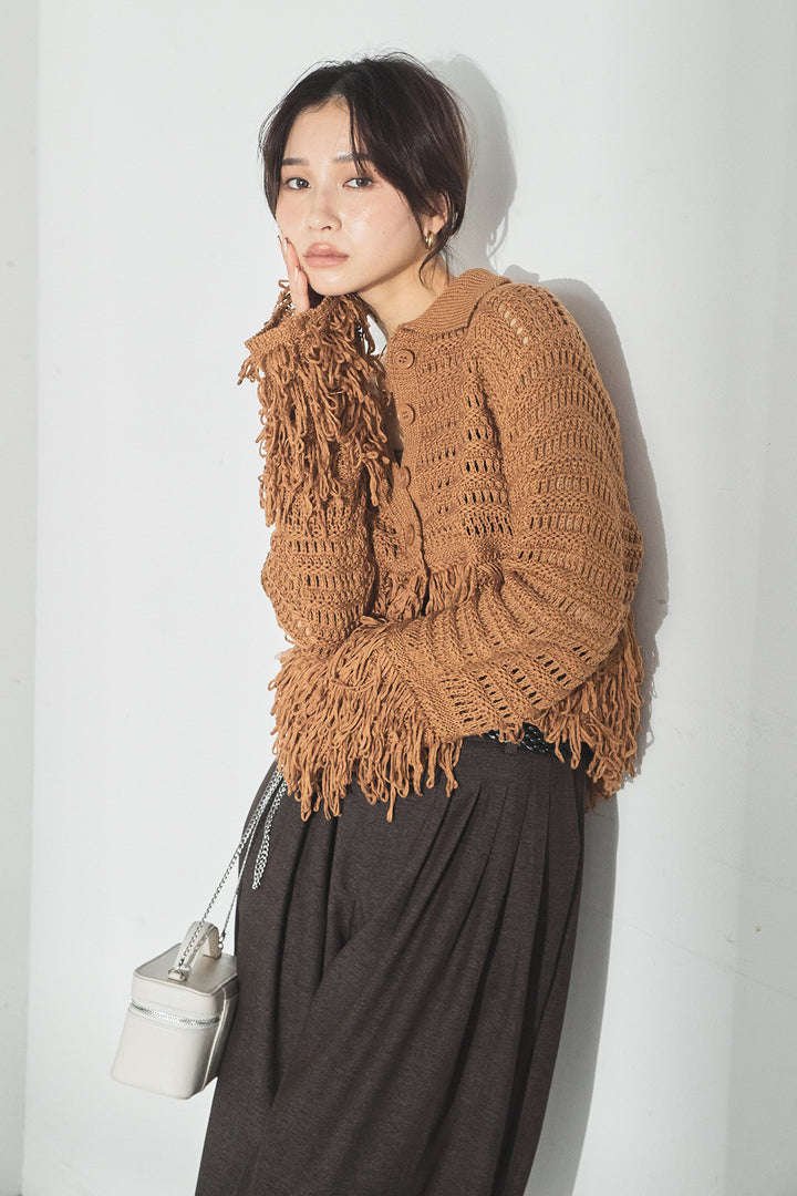 [SET]メッシュフリンジカーディガン+編みベルト付きウエストタックワイドパンツ(2set)