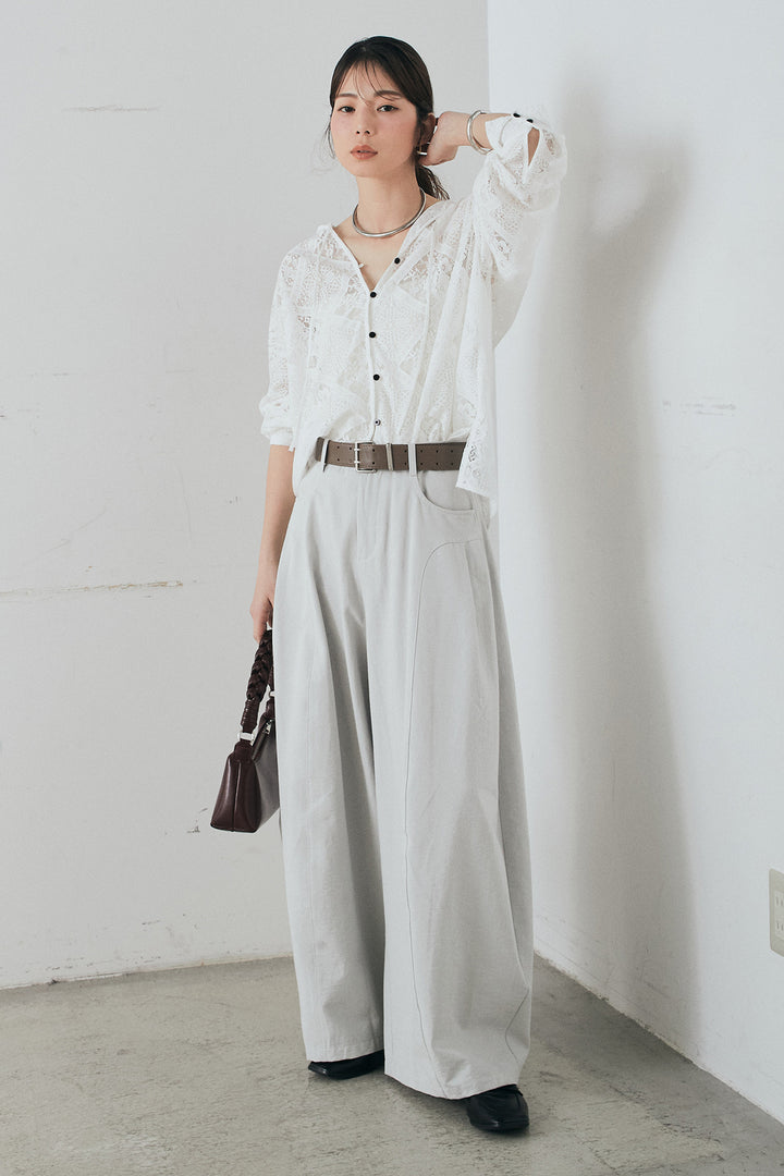 [SET]ブロックレースフード付きブラウス+ベルト付きサイドタックワイドパンツ(2set)