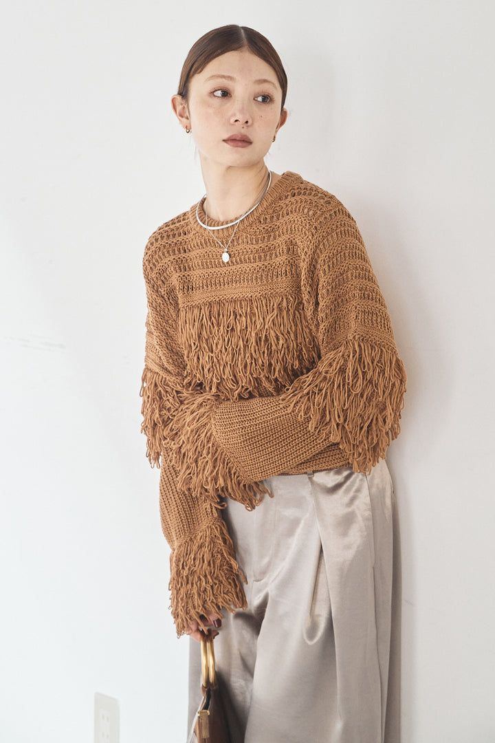 [SET]メッシュフリンジ切り替えプルオーバー+サテンタックワイドパンツ(2set)