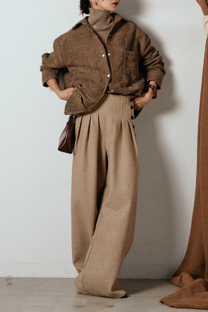 [SET]ルーズクラッシュツイルシャツ+リブニットシームレスタートルプルオーバー+サイドボタンツイードタックパンツ(3set)