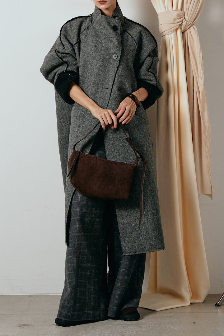 [SET]裏地ボアハイネックロングアウター+ウールライクチェックタックパンツ(2set)