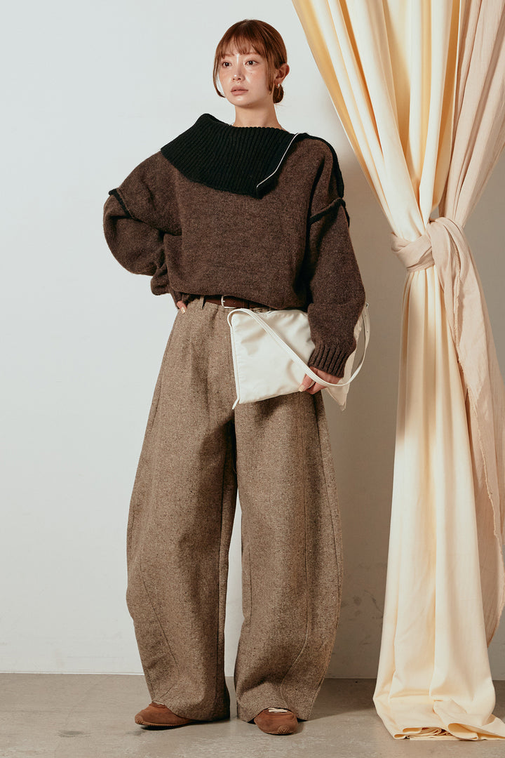 [SET]ハイネックジップデザインニットトップス+ベルト付きネップツイードカーブパンツ(2set)