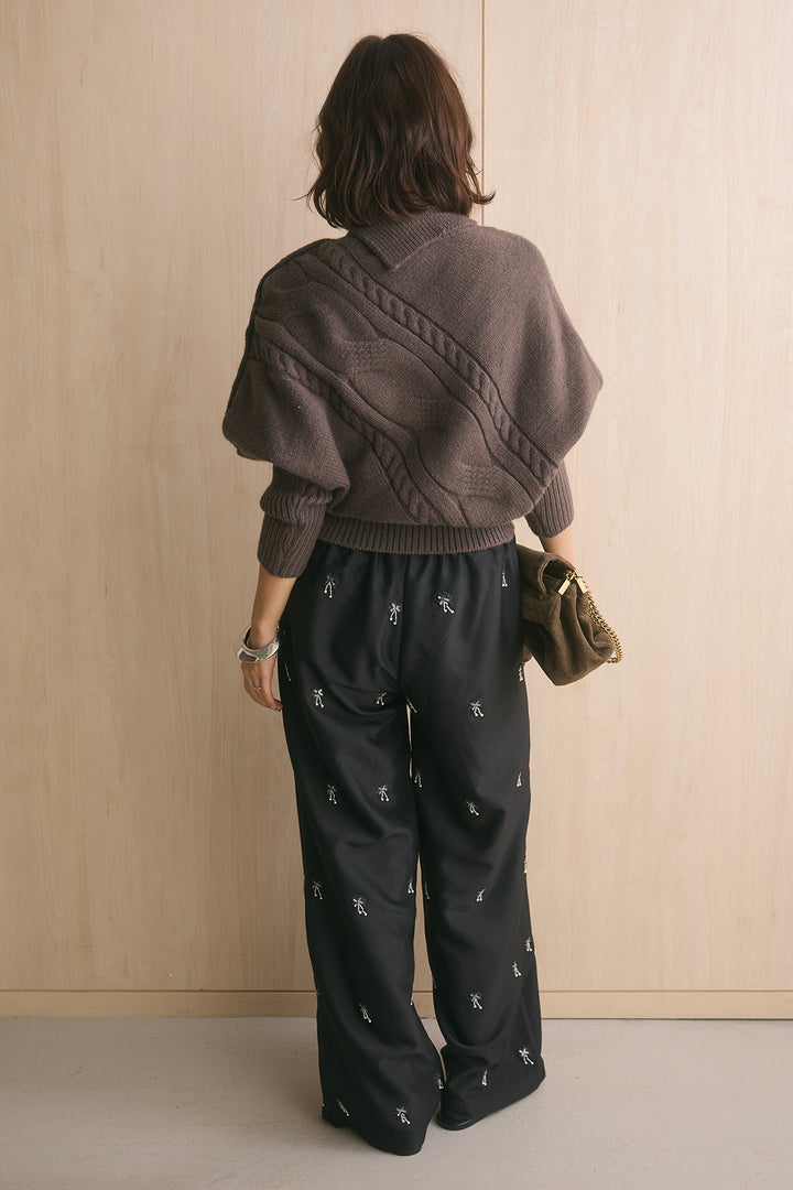 [SET]アシメカラーボタンケーブルニット+総ビーズ刺繍パンツ(2set)