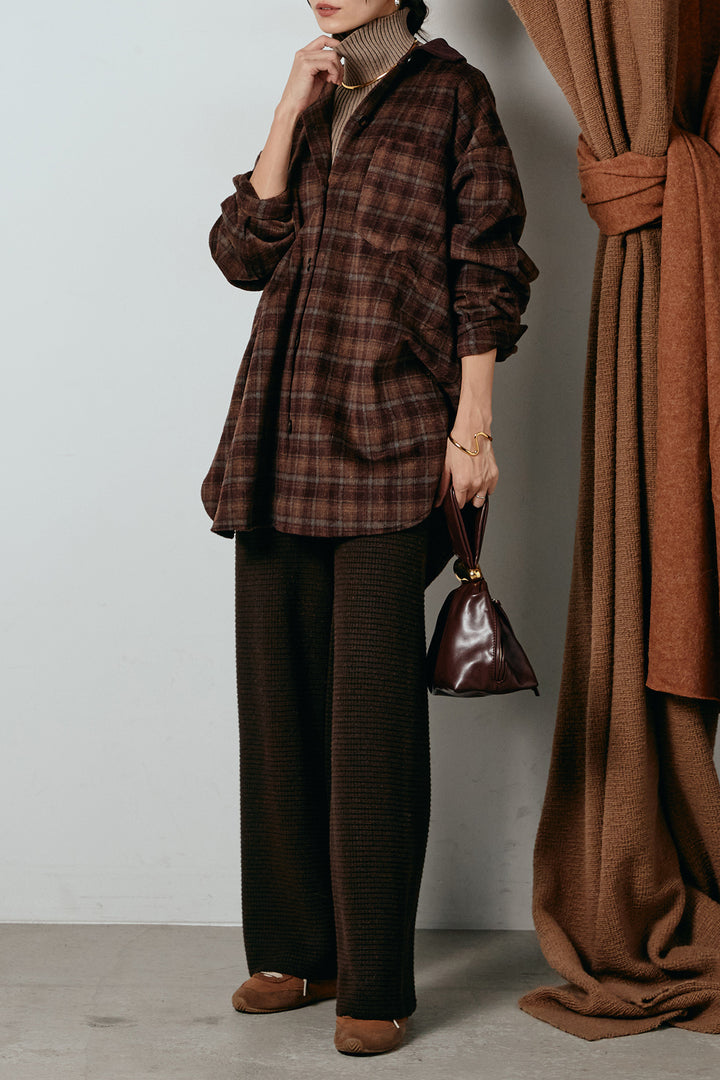 [SET]シャギーチェックシャツジャケット+ワイドリブニットイージーパンツ+リブニットシームレスタートルプルオーバー(3set)