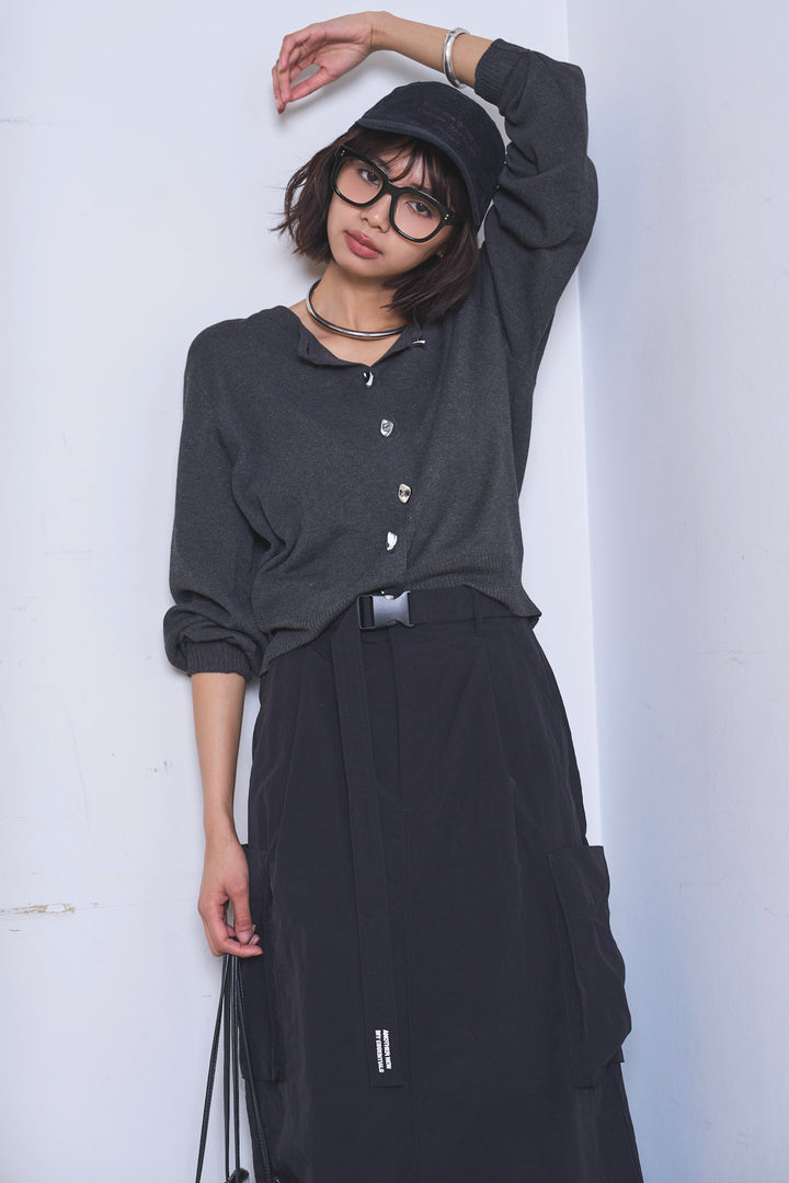 [SET]リサイクルポリニュアンス釦カーデ+撥水加工ナイロンスカート(2set)