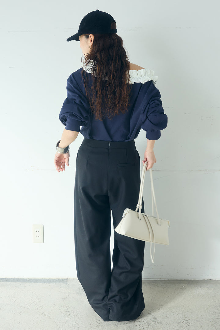 [SET]ネックギャザーフリルスウェット+サイドベルトタック入りスラックス(2set)