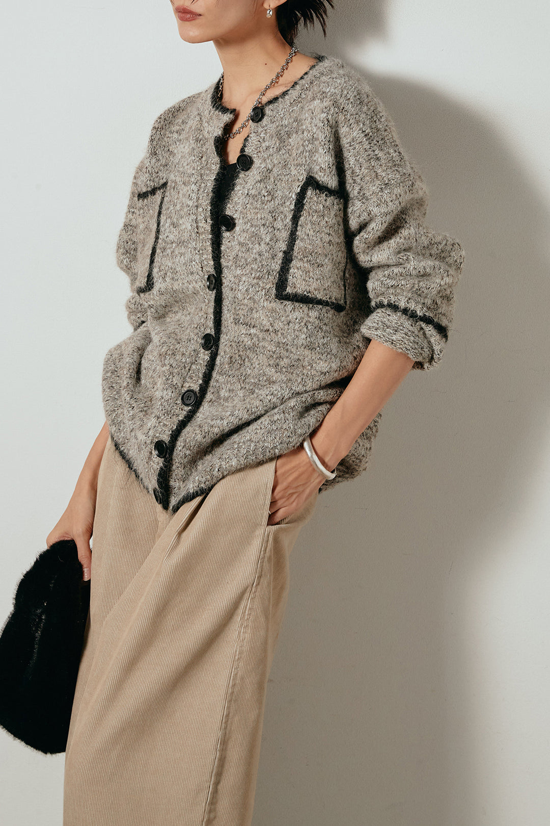 [SET]ミックスニットポケットカーディガン+フロントタック入りコーデュロイパンツ(2set)