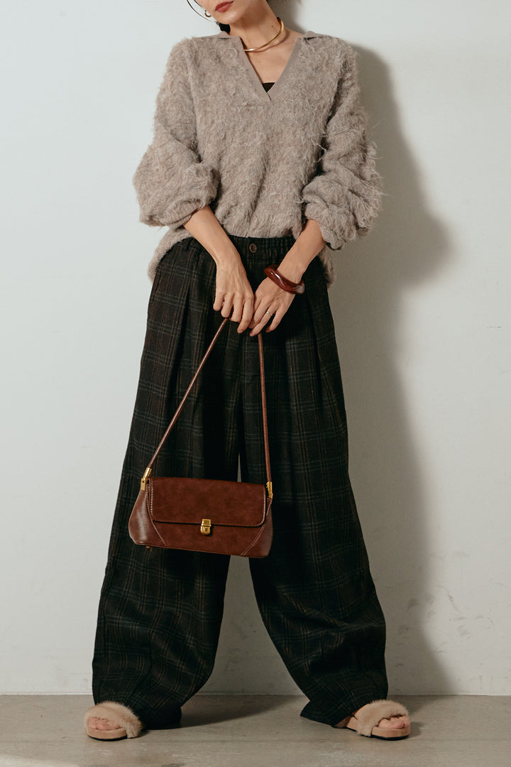 [SET]襟付きシャギーニットポロトップス+タータンチェック柄タックパンツ(2set)
