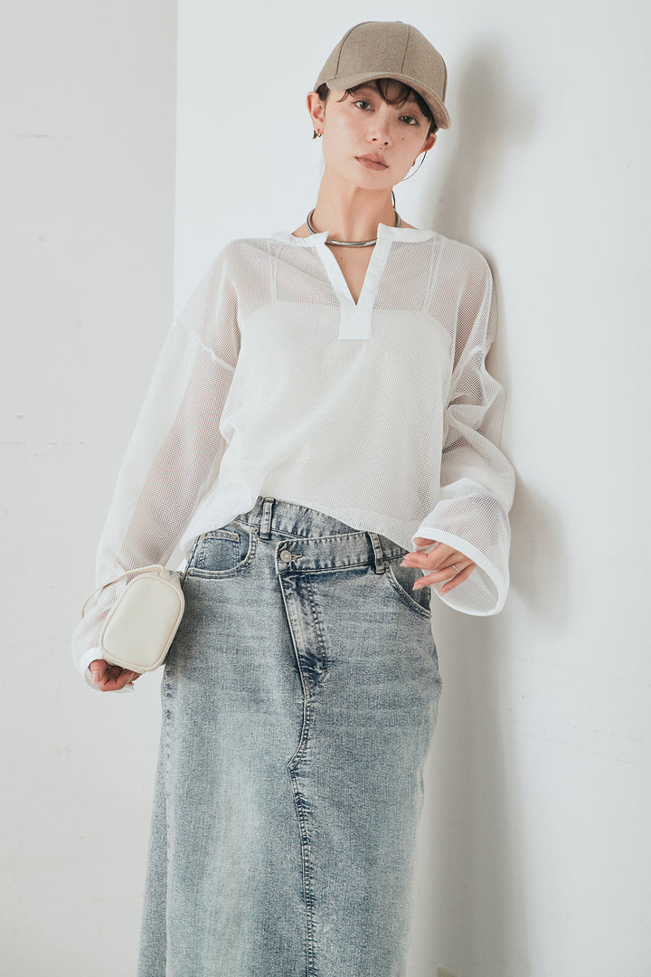 [SET]メッシュカットソースキッパープルオーバー+ウエストクロスデニムタイトスカート(2set)