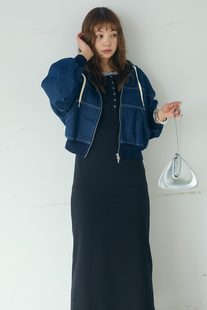 [SET]デニムダブルジップパーカーブルゾン+レイヤード見えヘンリーネックロングワンピース(2set)