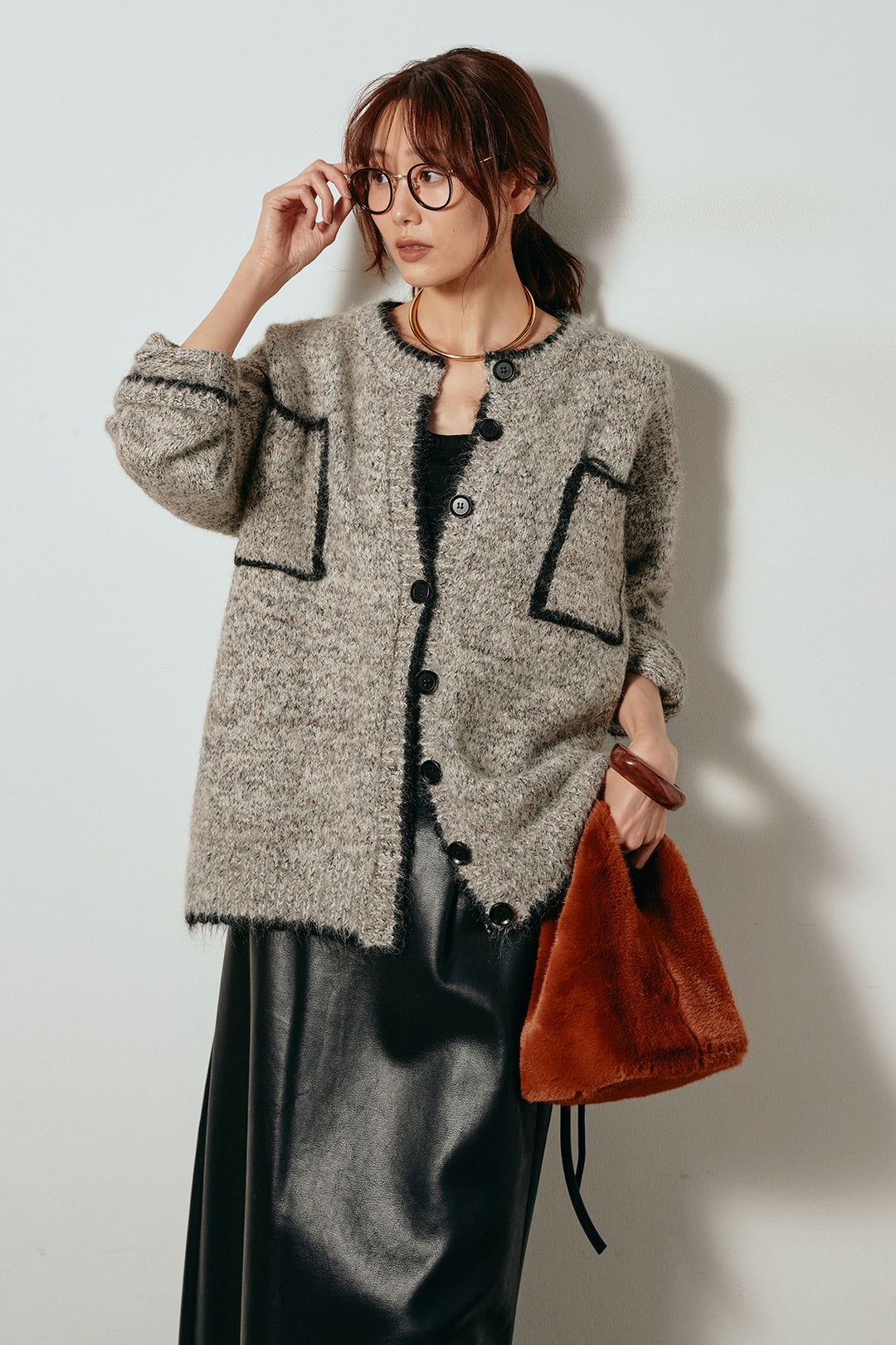 [SET]ミックスニットポケットカーディガン+紐付きフェイクレザーワイドスカート(2set)