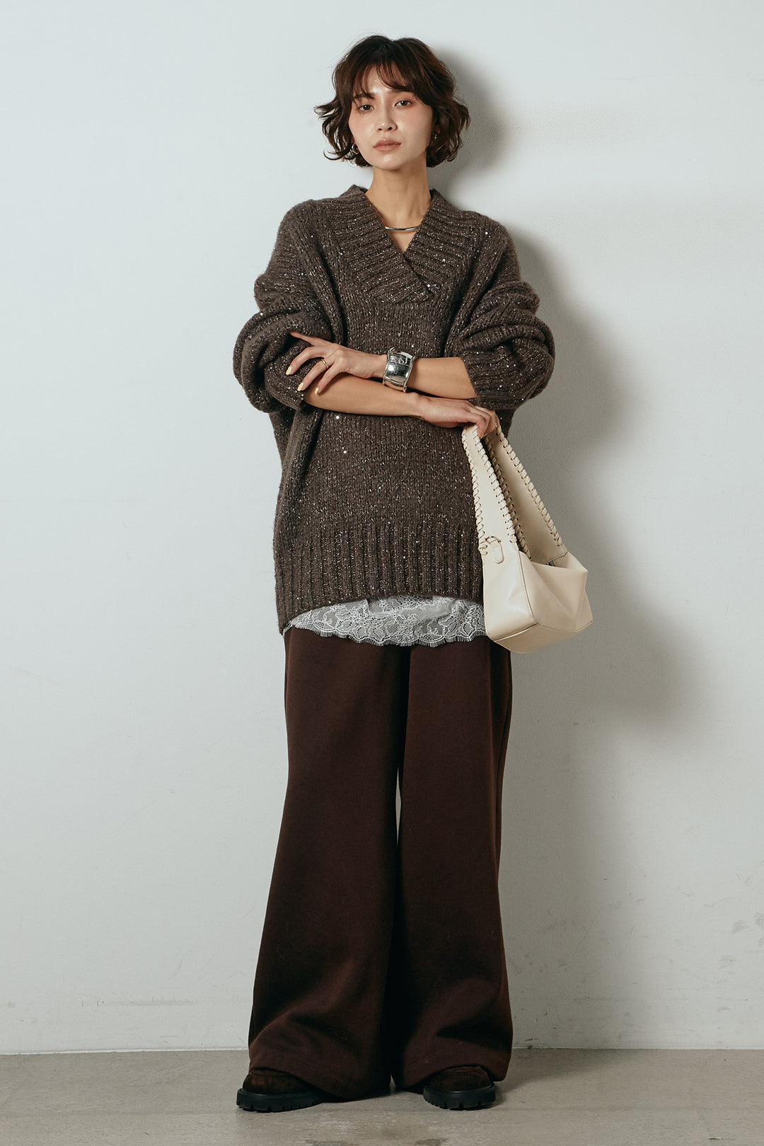 [SET]Vネックラメニットトップス+裏起毛スウェットワイドパンツ(2set)