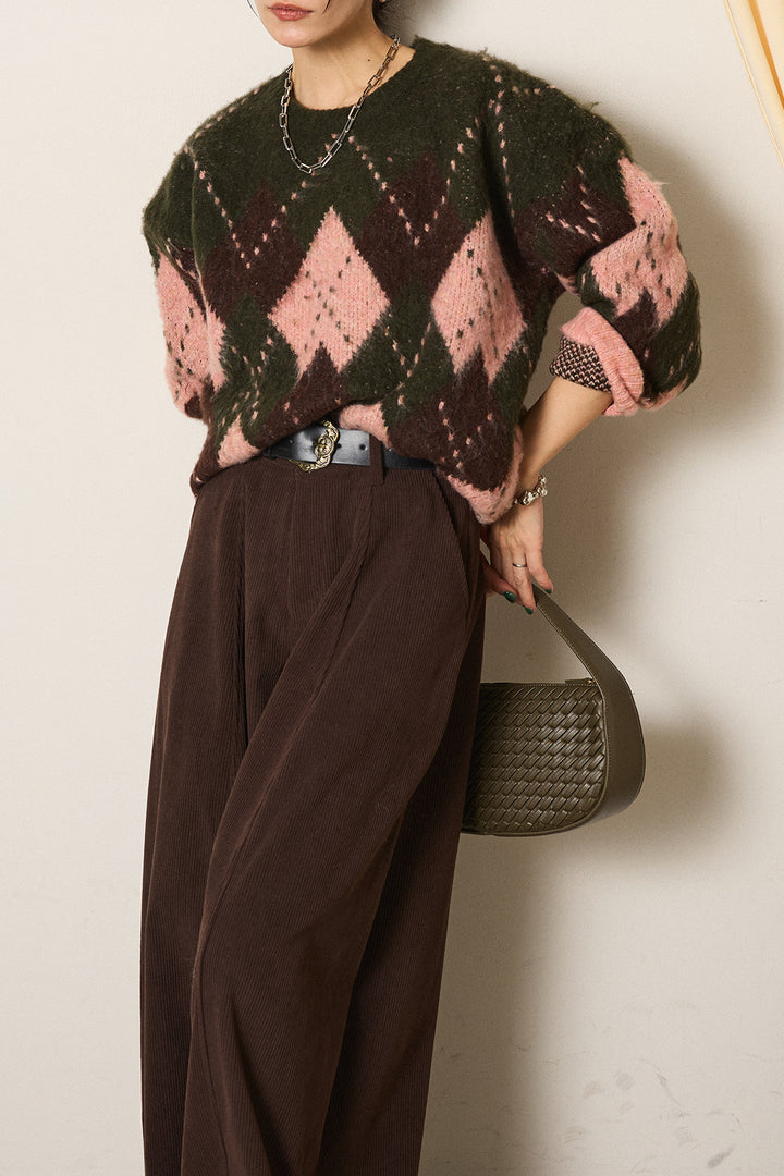 [SET]配色アーガイル柄ニットトップス+ベルト付きコーデュロイワイドパンツ(2set)