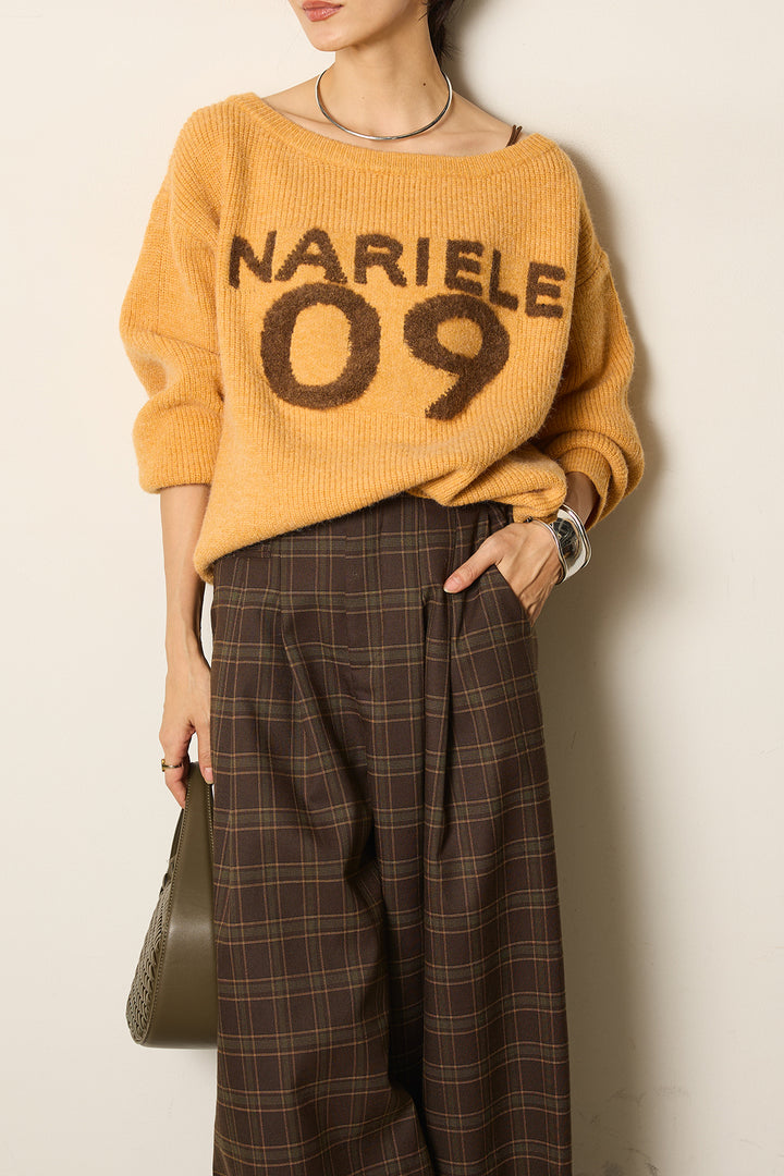 [SET]フロントロゴニットトップス+タータンチェック柄くすみワイドパンツ(2set)