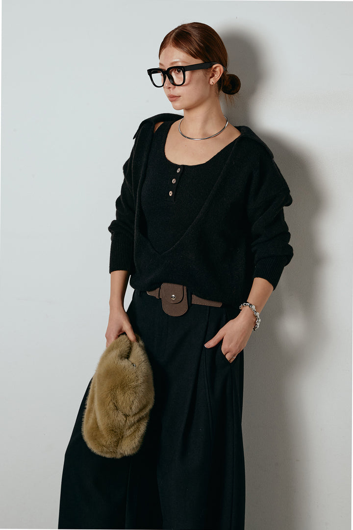 [SET]襟付きレイヤードニットトップス+ポーチベルト付きカーブパンツ(2set)