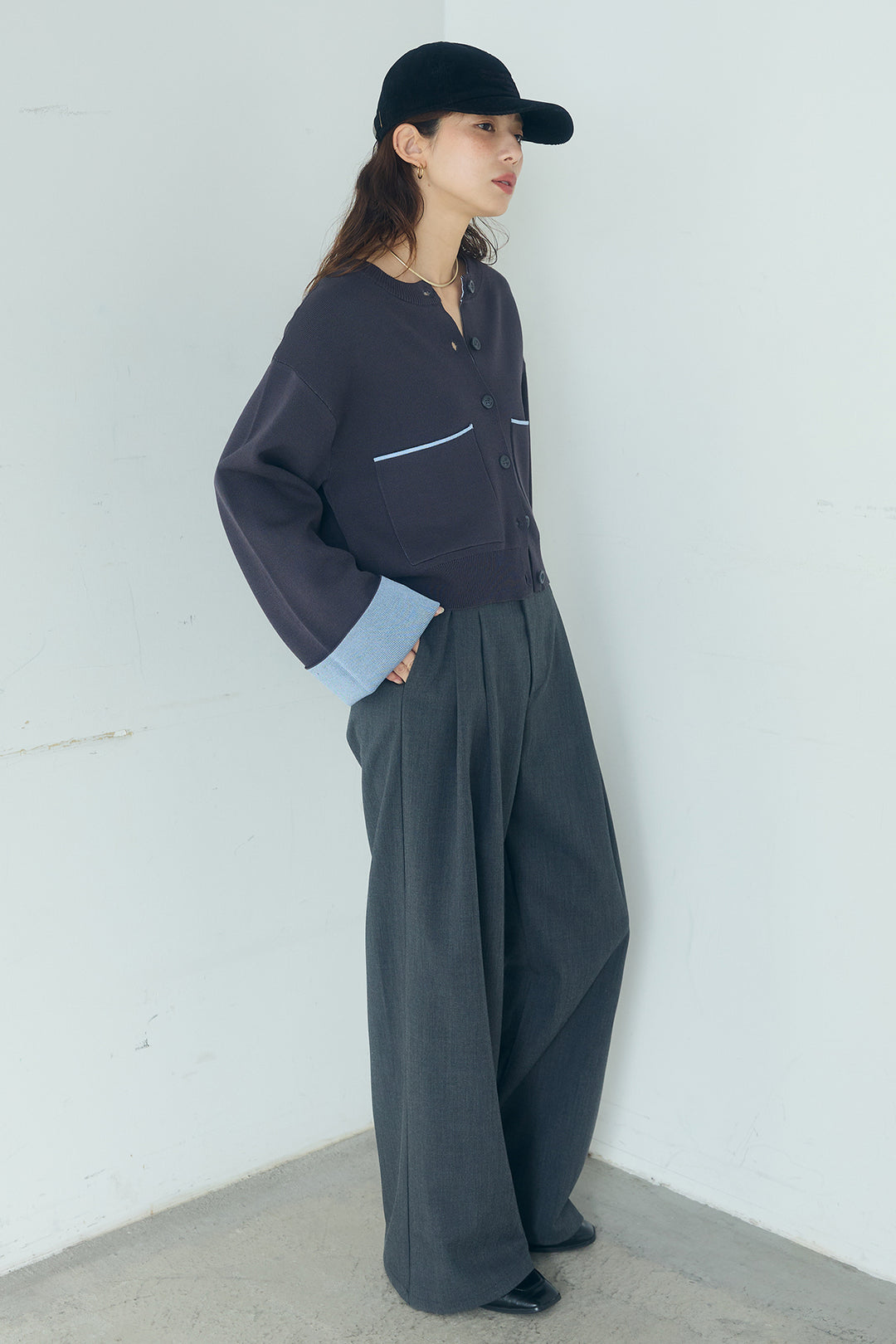 [SET]レーヨンポリダブルフェイスカーディガン+サイドベルトタック入りスラックス(2set)