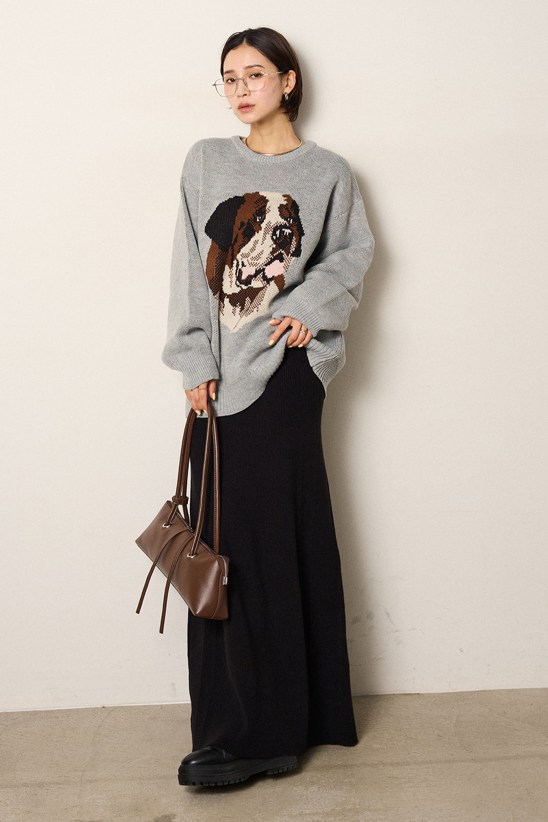 [SET]アニマルジャガード柄ニットトップス+リブナローニットスカート(2set)