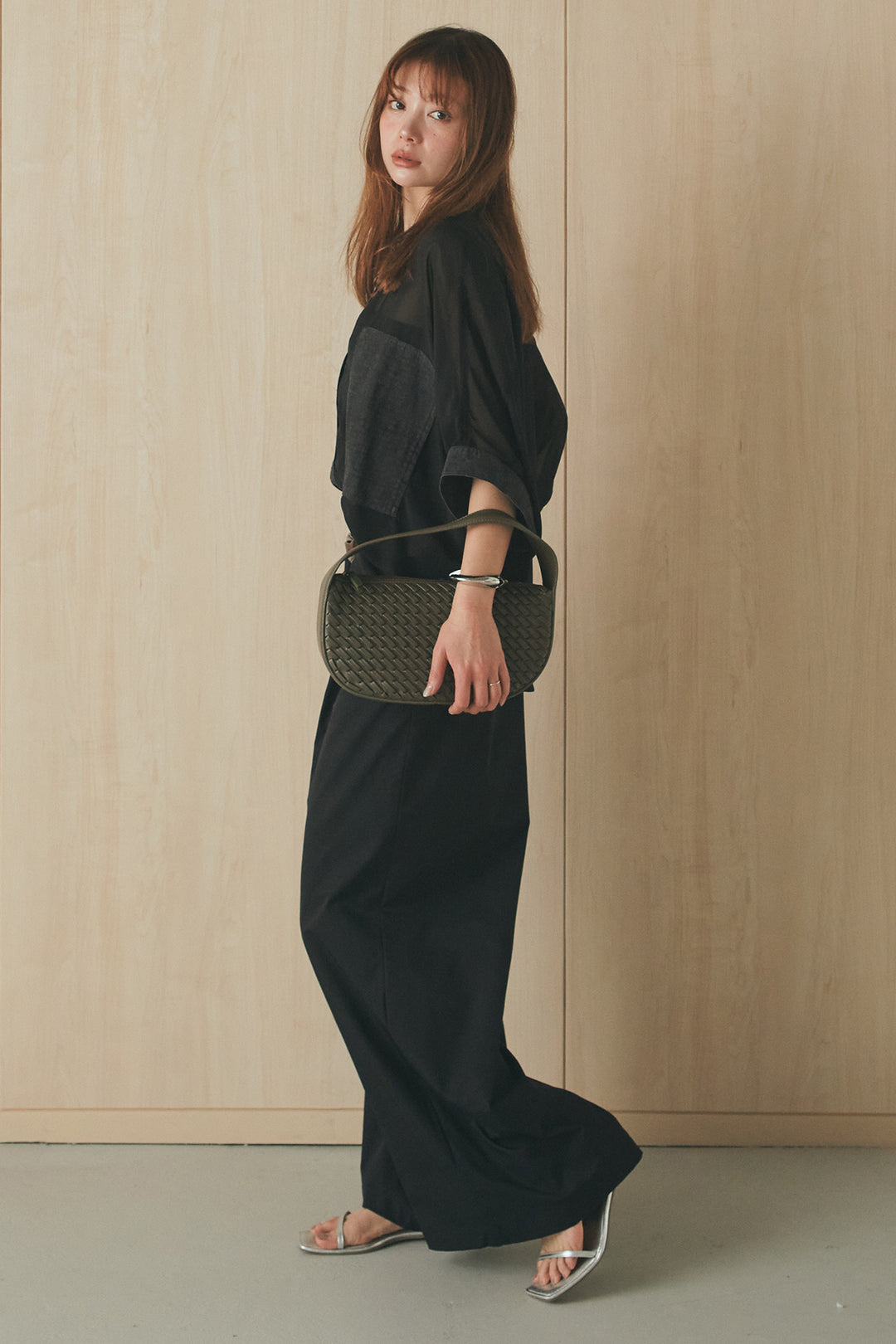 [SET]デニムライクビッグツーポケシアーシャツ+ベルトループデザインハイウエストタックパンツ(2set)