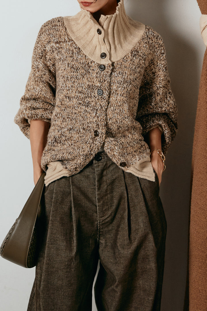 [SET]ハイネックミックスニットカーディガン+フロントタック入りコーデュロイパンツ(2set)