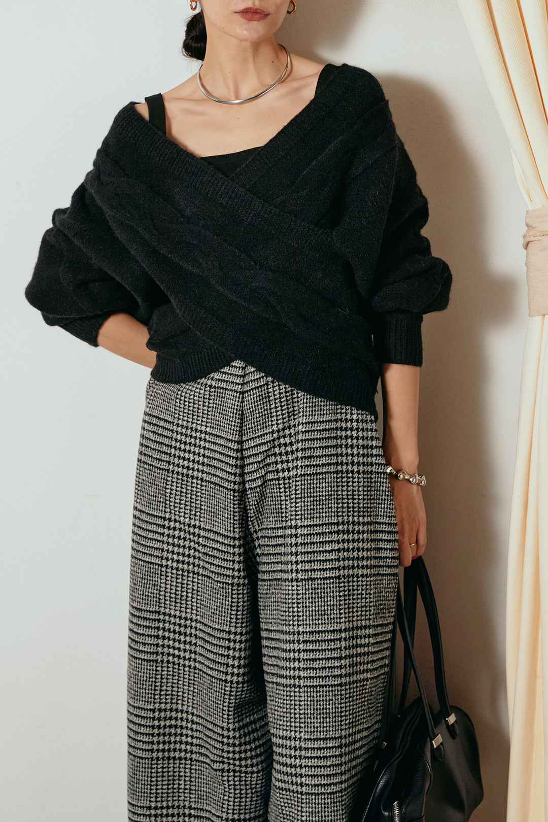 [SET]ケーブルカシュクールニットトップス+前後2wayグレンチェック柄スカーチョサロペット(2set)