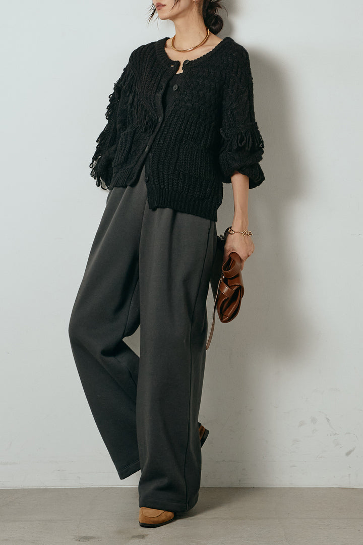 [SET]ランダムフリンジニットカーディガン+裏起毛スウェットワイドパンツ(2set)