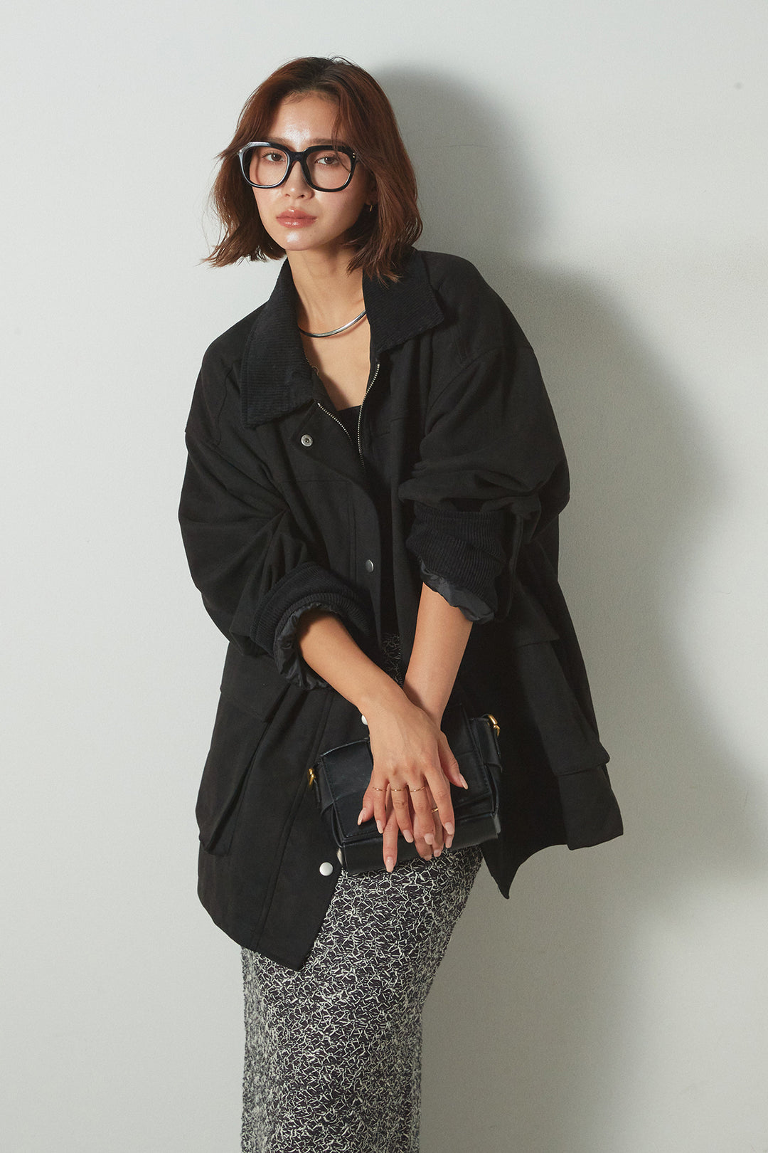 [SET]襟コーデュロイフェイクスエードジャケット+ミックスニットワイドスカート(2set)