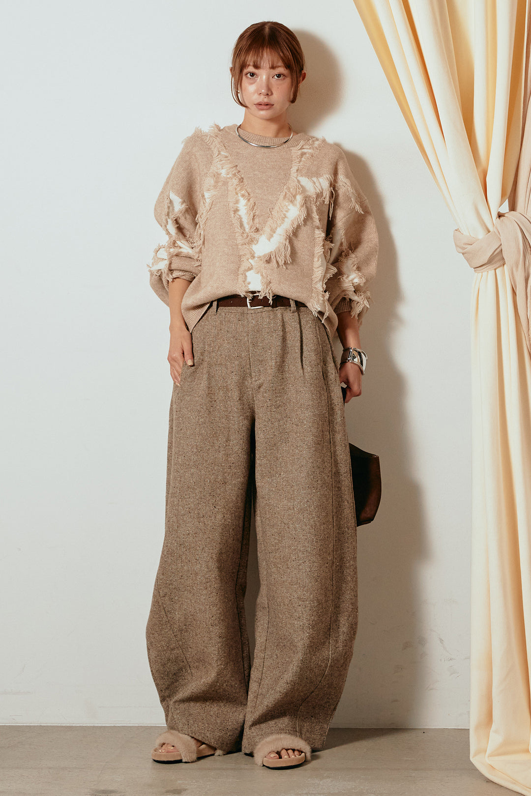 [SET]シャギージャガードニットトップス+ベルト付きネップツイードカーブパンツ(2set)