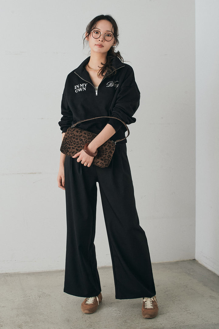 [SET]裏毛ロゴ刺繍ハーフZIPスウェット+斜めボタンタック入りスラックス(2set)