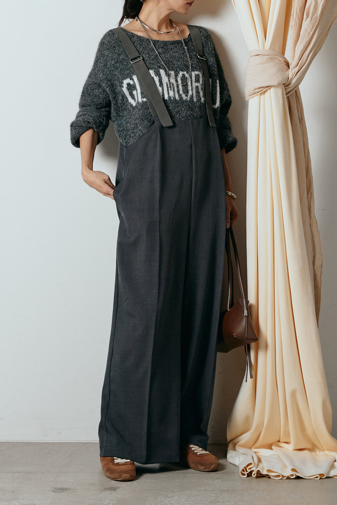 [SET]フロントロゴデザインニットトップス+ワイドツイルサロペット(2set)