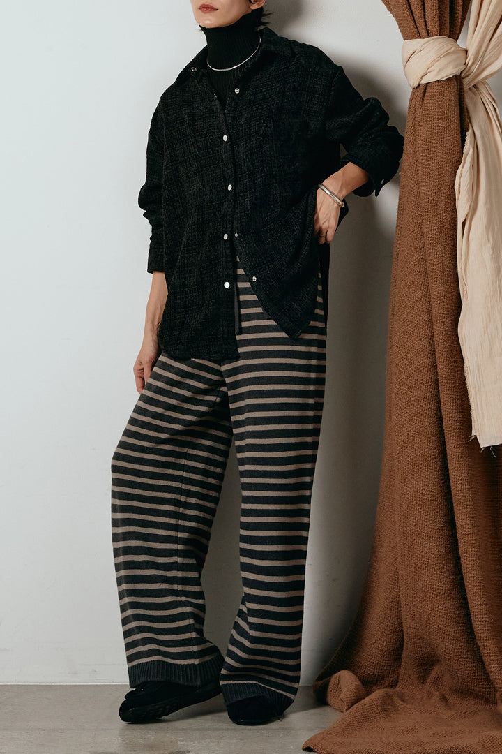 [SET]ルーズクラッシュツイルシャツ+ボーダーリラックスニットパンツ(2set)