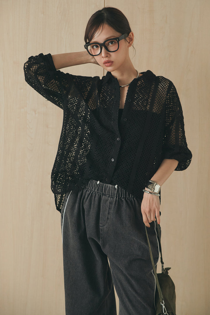 [SET]長袖襟付きレースシャツ+ドロストサイドラインデニムパンツ(2set)