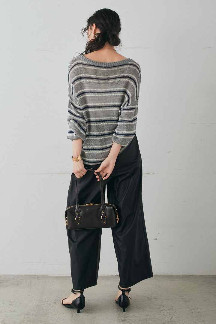 [SET]綿タッチVネックボーダートップス+ウォッシャブルエコレザータックパンツ(2set)