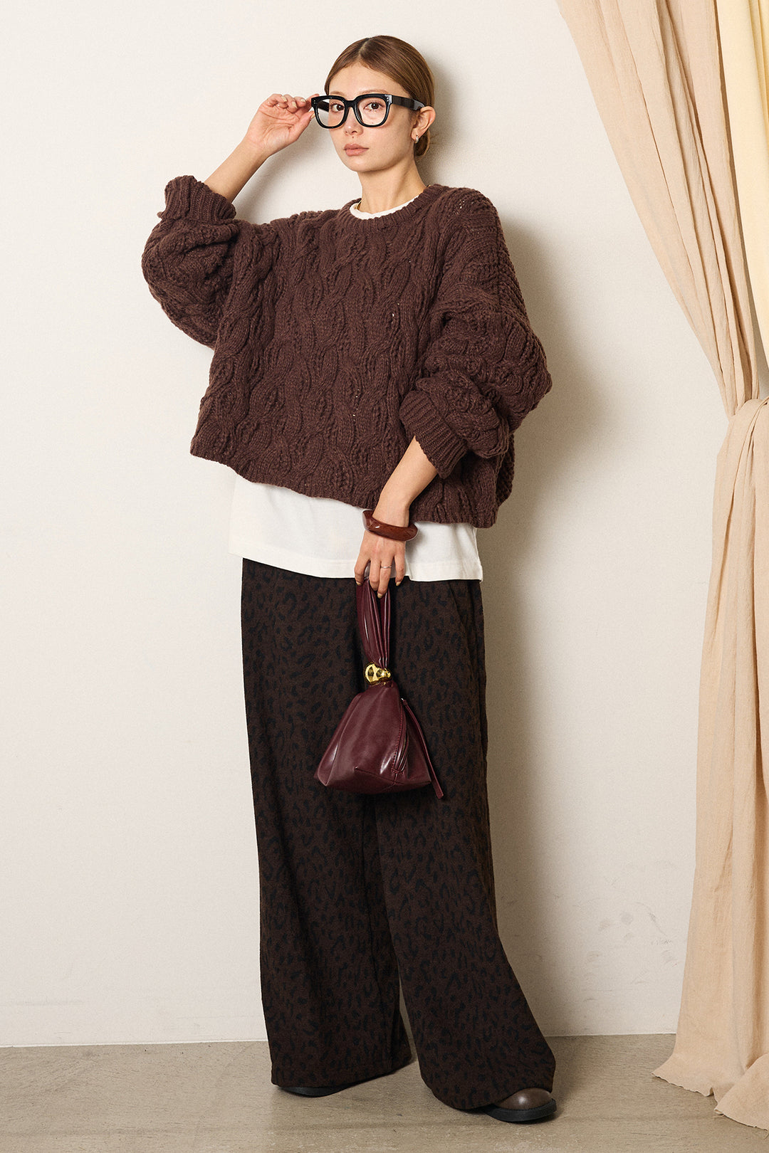 [SET]ケーブルリラックスショートニット+レオパードジャガードニットパンツ(2set)
